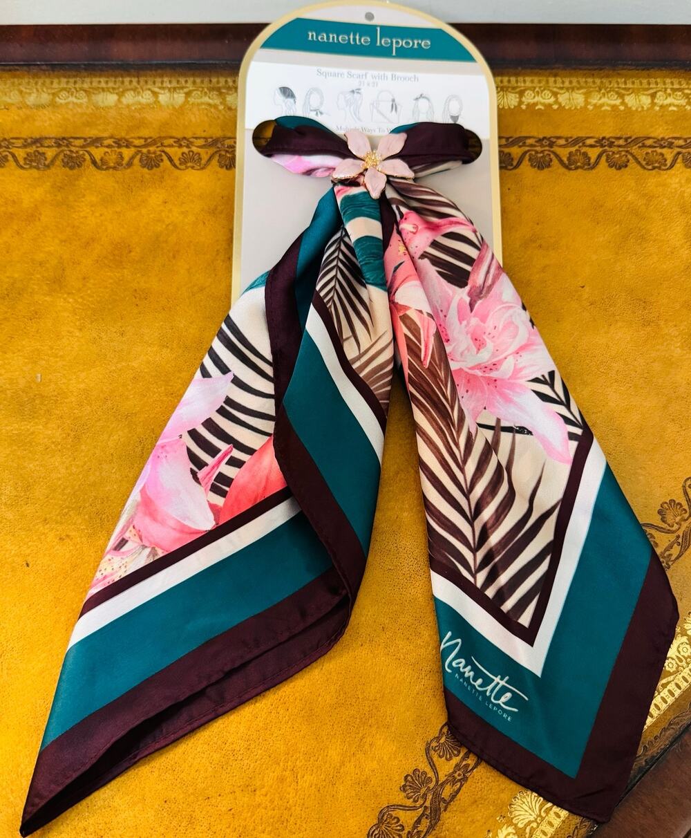 Nanette Lepore Teal Pink Tropical Floral Square Scarf with Brooch NEW